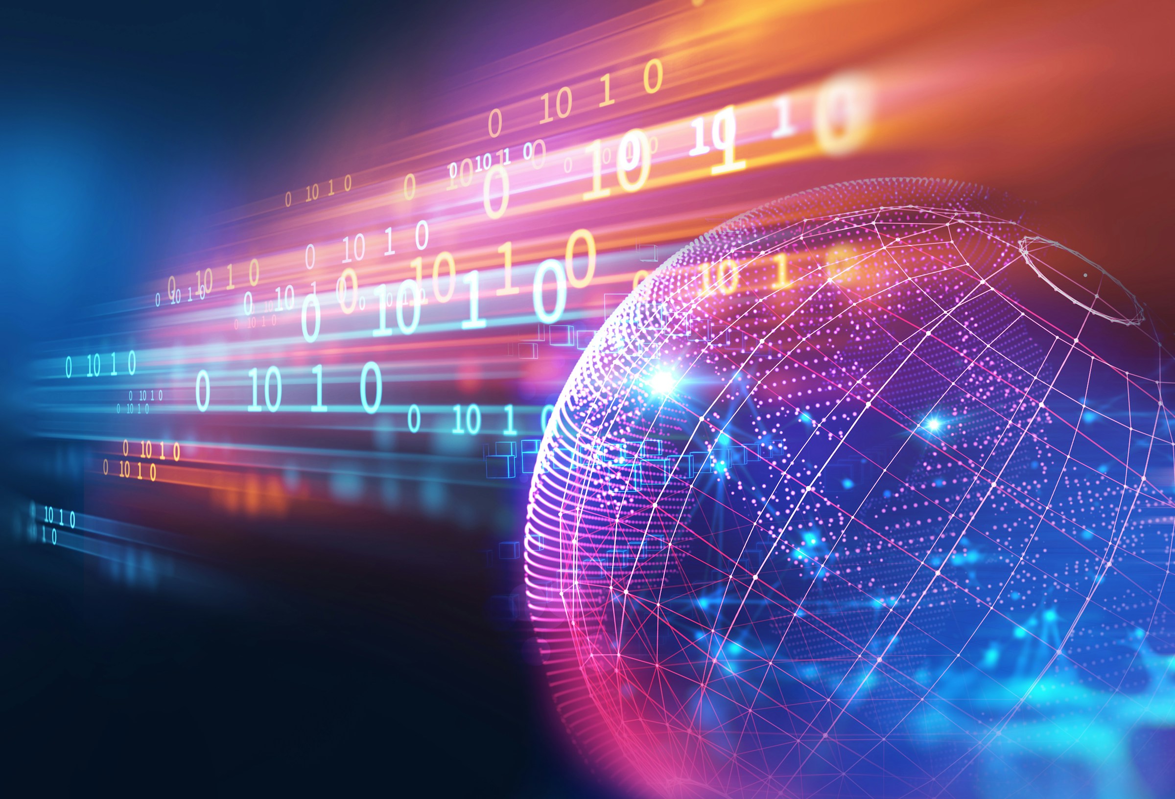 Binary data streaming past digital globe wireframe in colorful fintech visualization