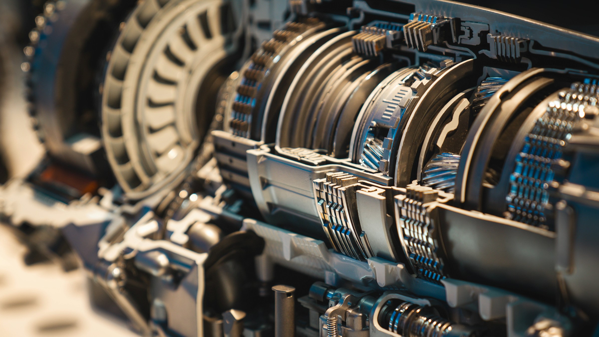 Detailed transmission gearbox internals showing complex precision machinery