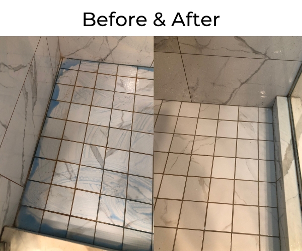 Before and after tile and grout cleaning in bathroom