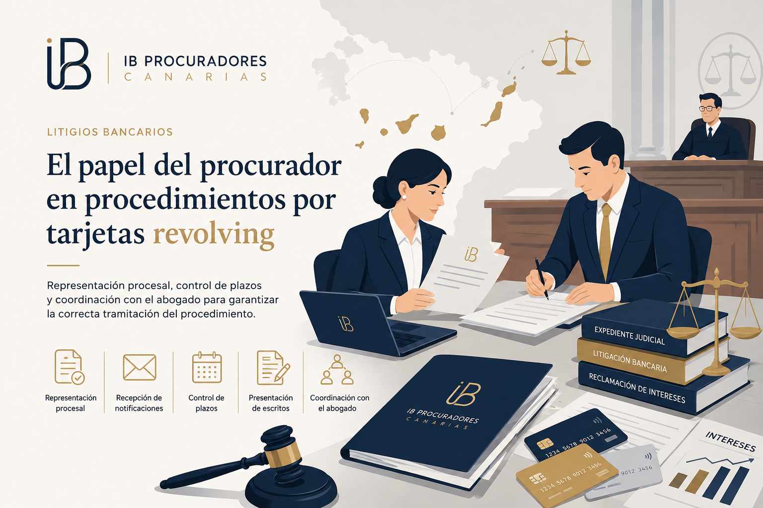 Infografía sobre el papel del procurador en los procedimientos por tarjetas revolving en Canarias.