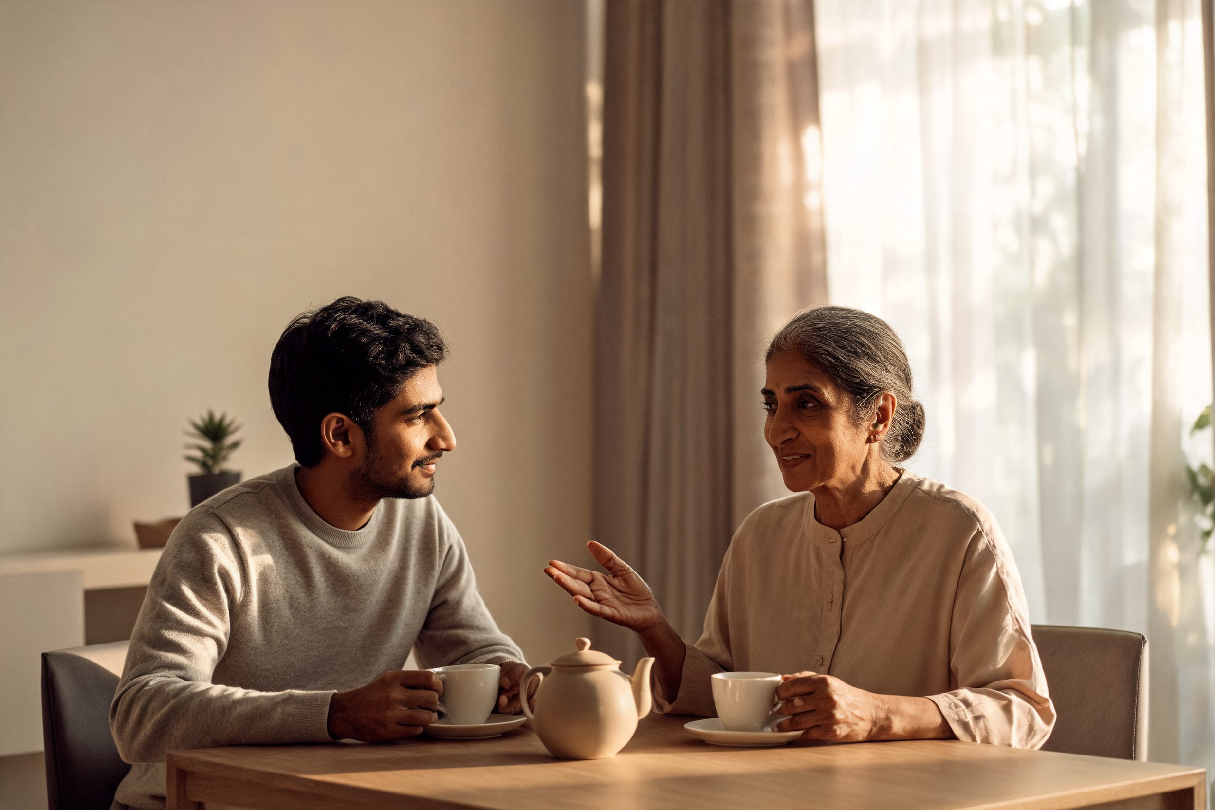 A young man and his mother talking over tea at home in warm light