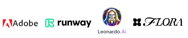Creative partners logos including Adobe, Runway, Leonardo.Ai, and FLORA
