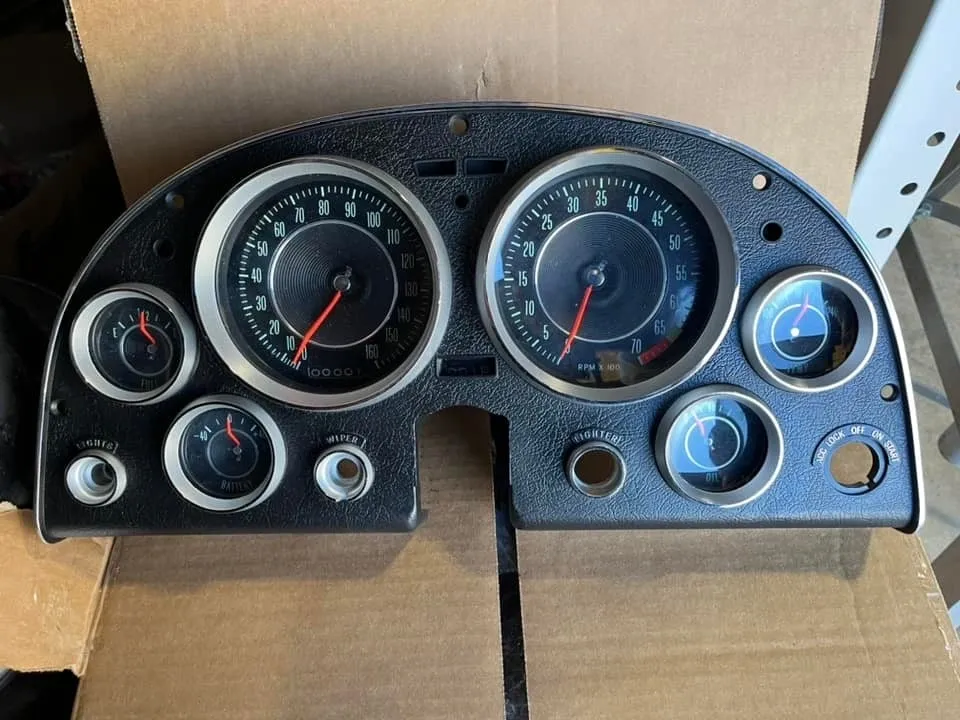 Classic car dashboard instrument cluster with speedometer and tachometer