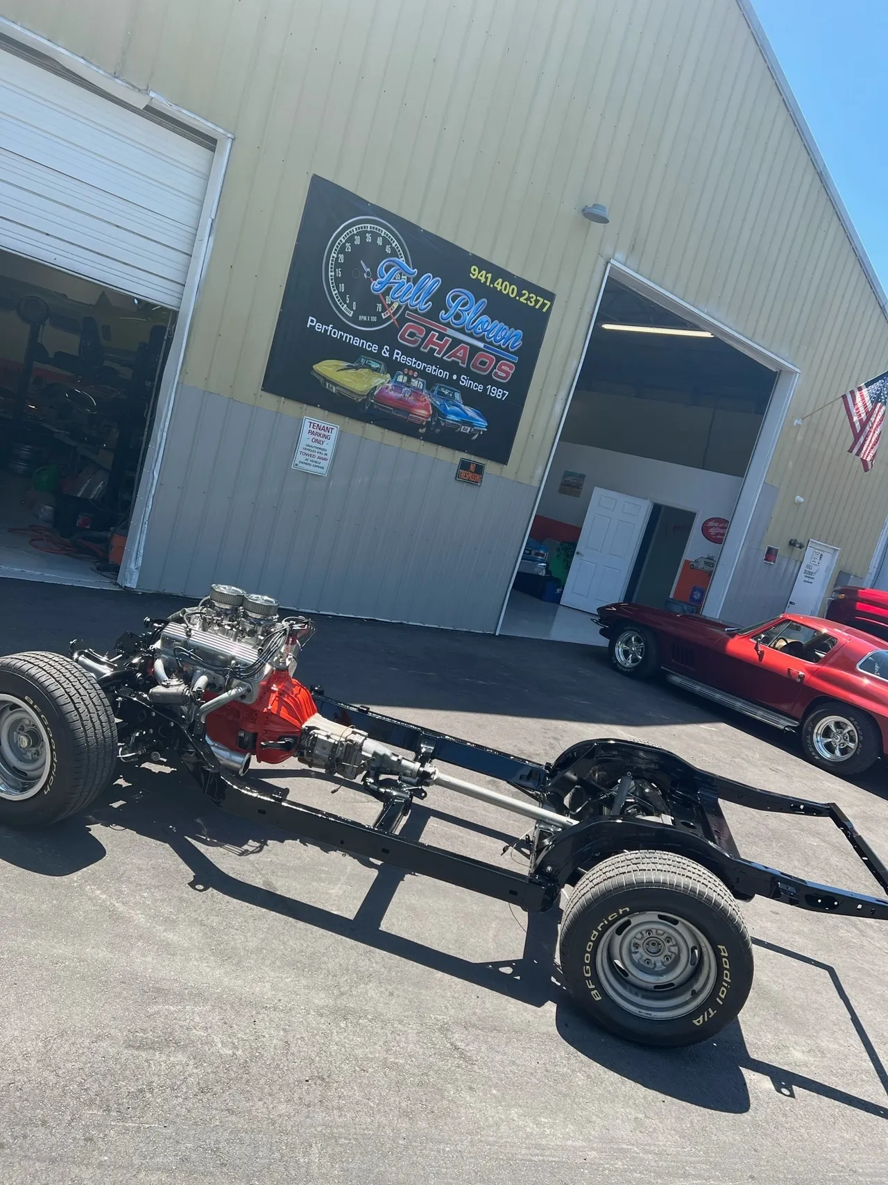 Classic car rolling chassis with big block V8 engine and transmission