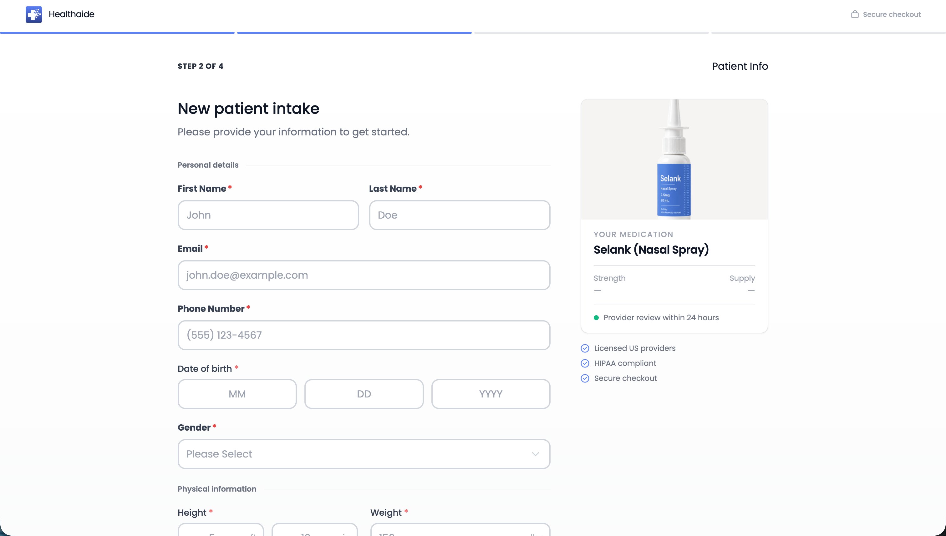 New patient intake form showing personal details, date of birth, gender, and physical information fields