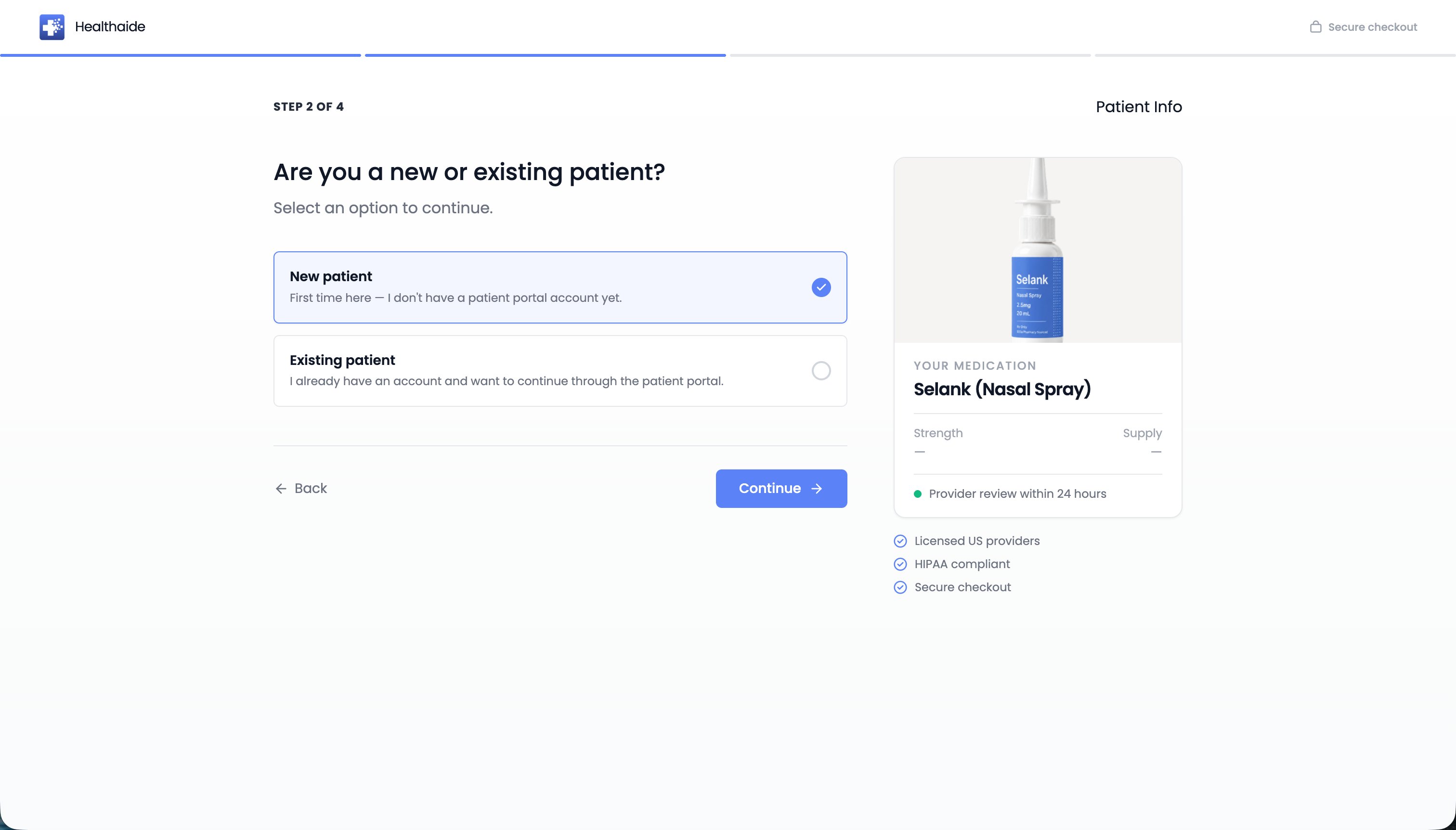 Checkout Step 2 of 4 asking if the patient is new or existing