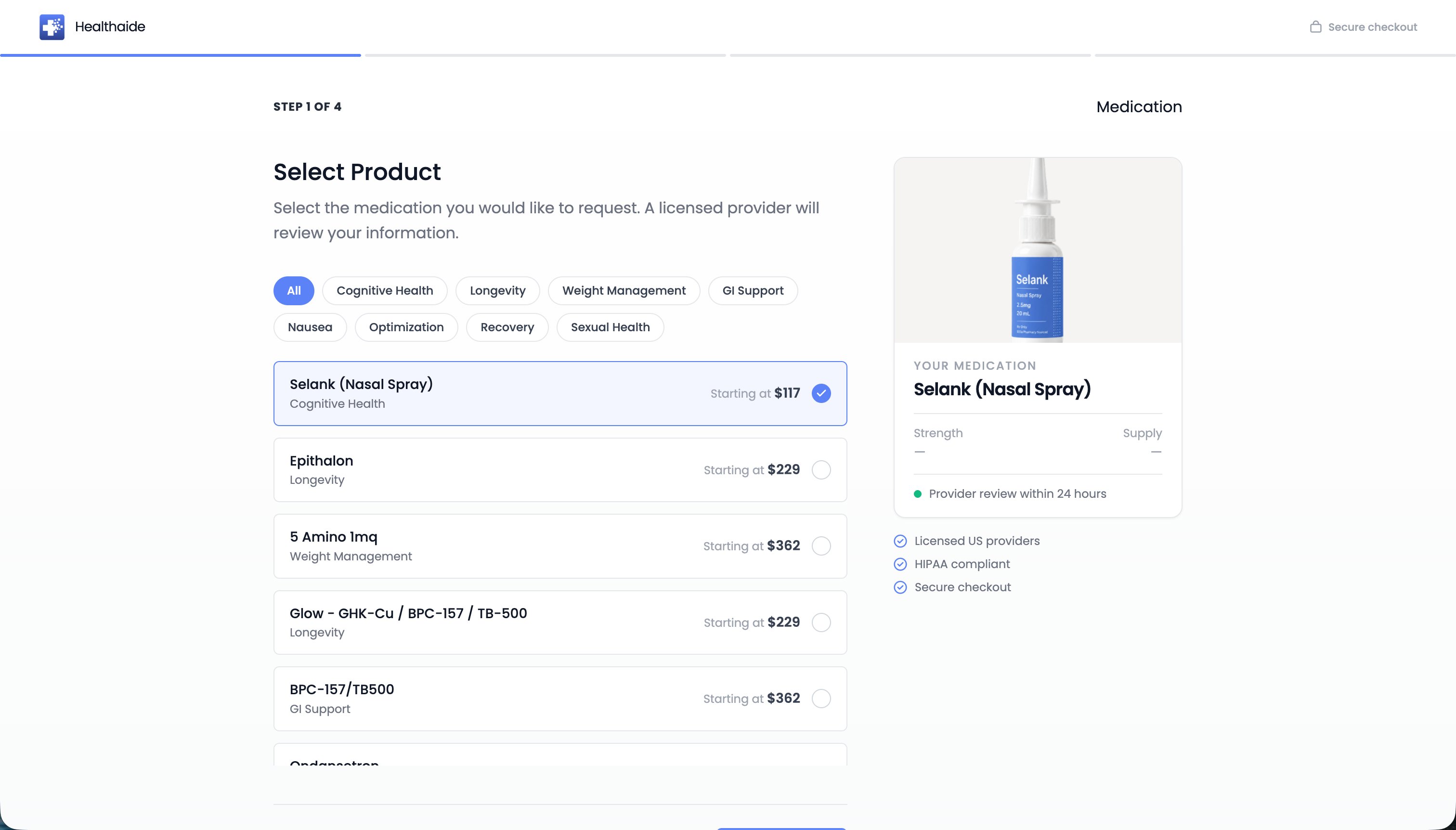 Patient checkout Step 1 of 4 Select Product with category filters and medication list