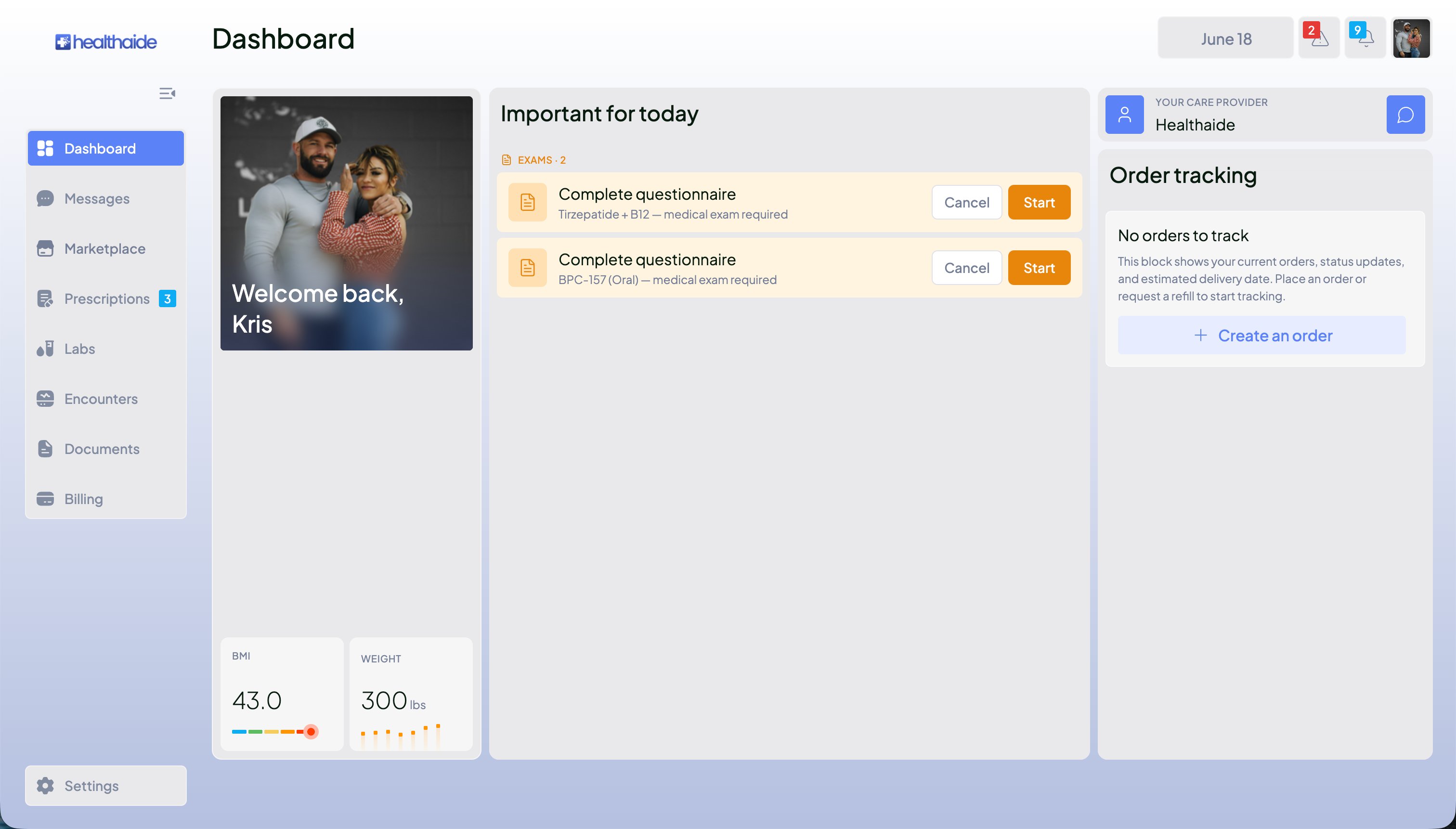 Patient portal dashboard showing Important for today section with pending questionnaire tasks