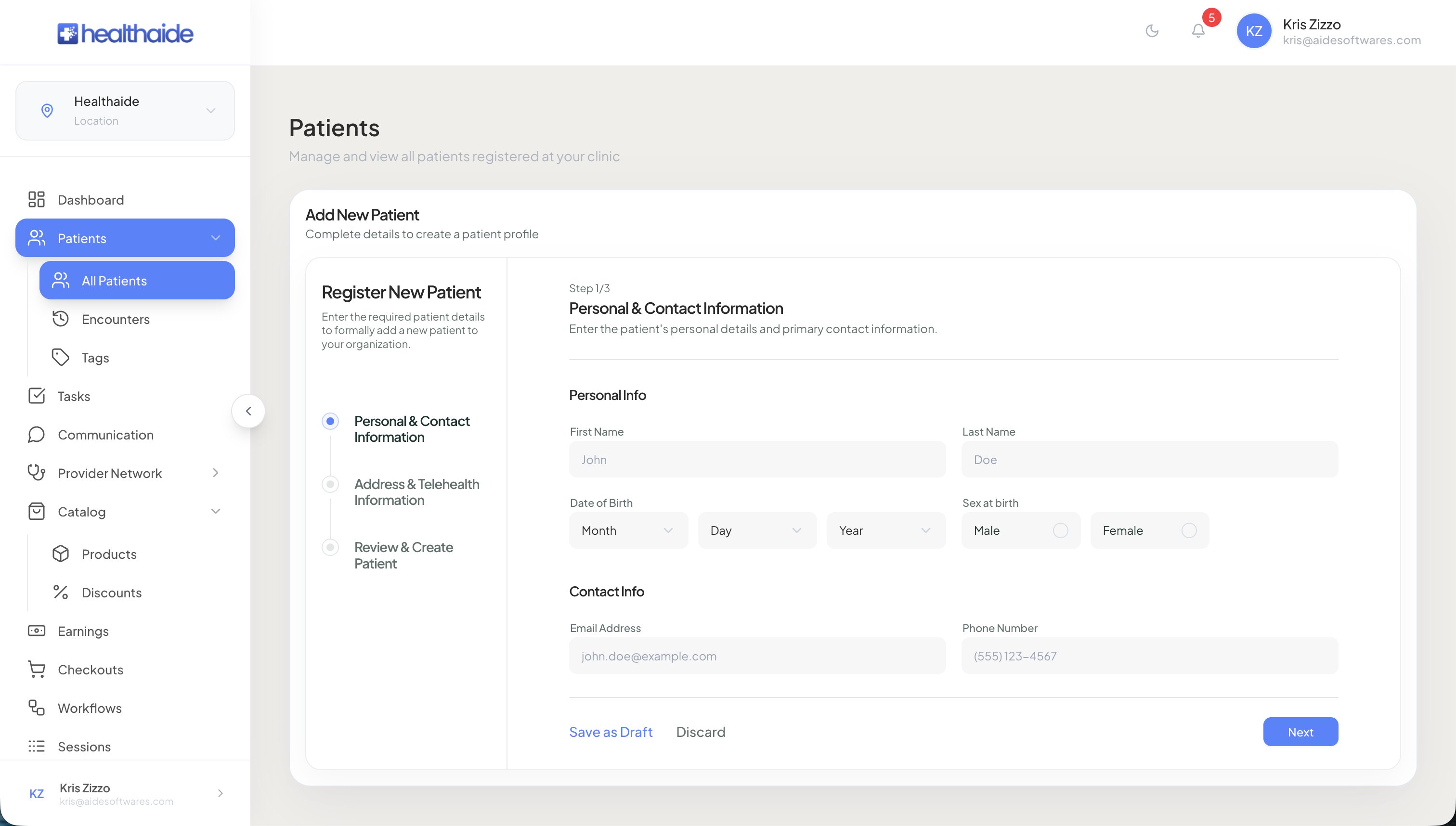Add New Patient form showing Step 1 of 3 with Personal and Contact Information fields