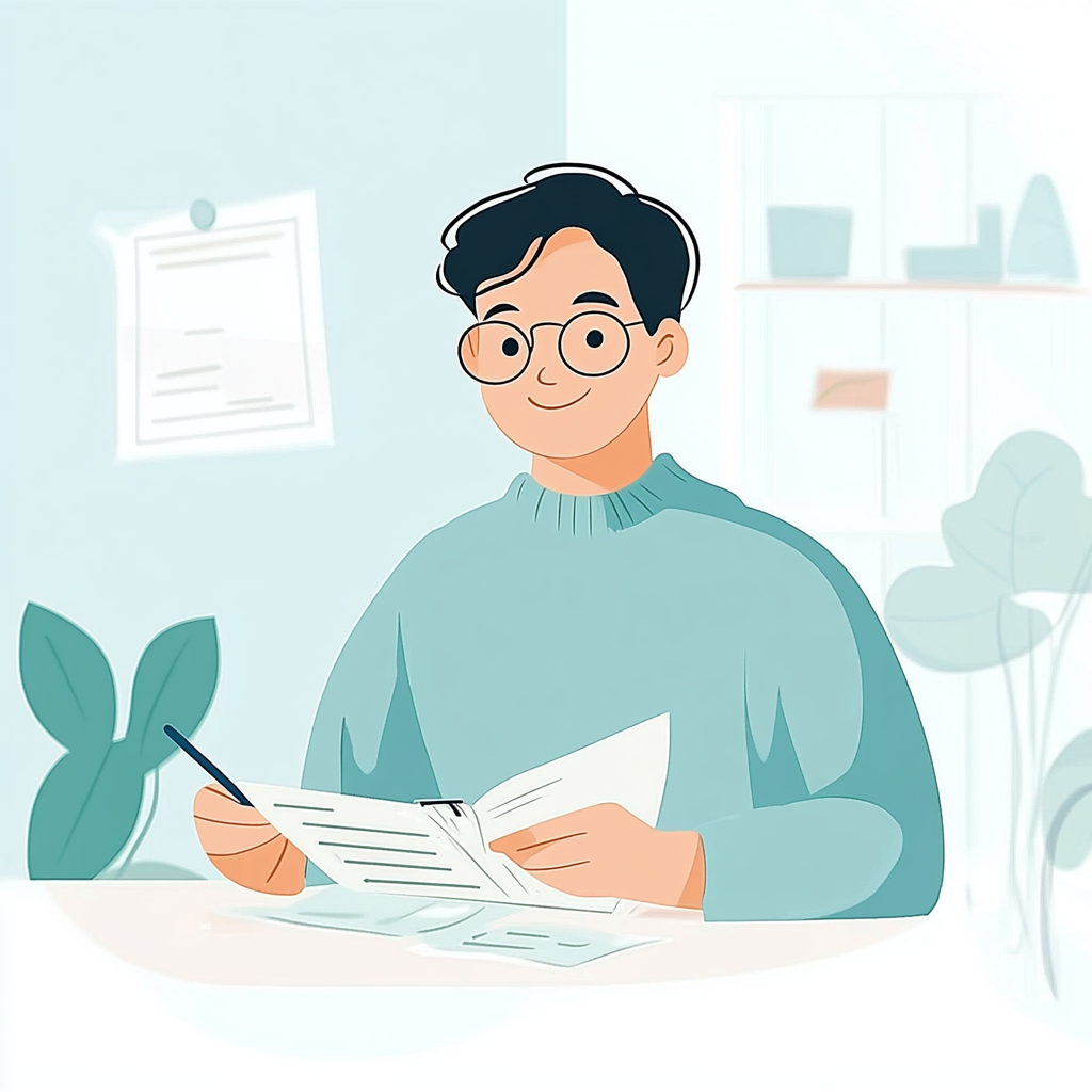 Illustration of a person carefully organizing and reviewing documents