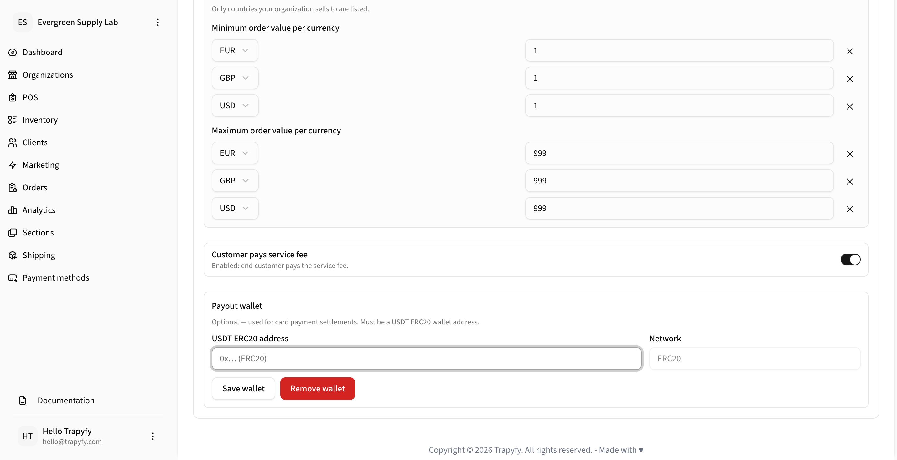 Payout wallet section showing minimum and maximum order value per currency fields (EUR, GBP, USD), Customer pays service fee toggle enabled, and Payout wallet USDT ERC20 address input field