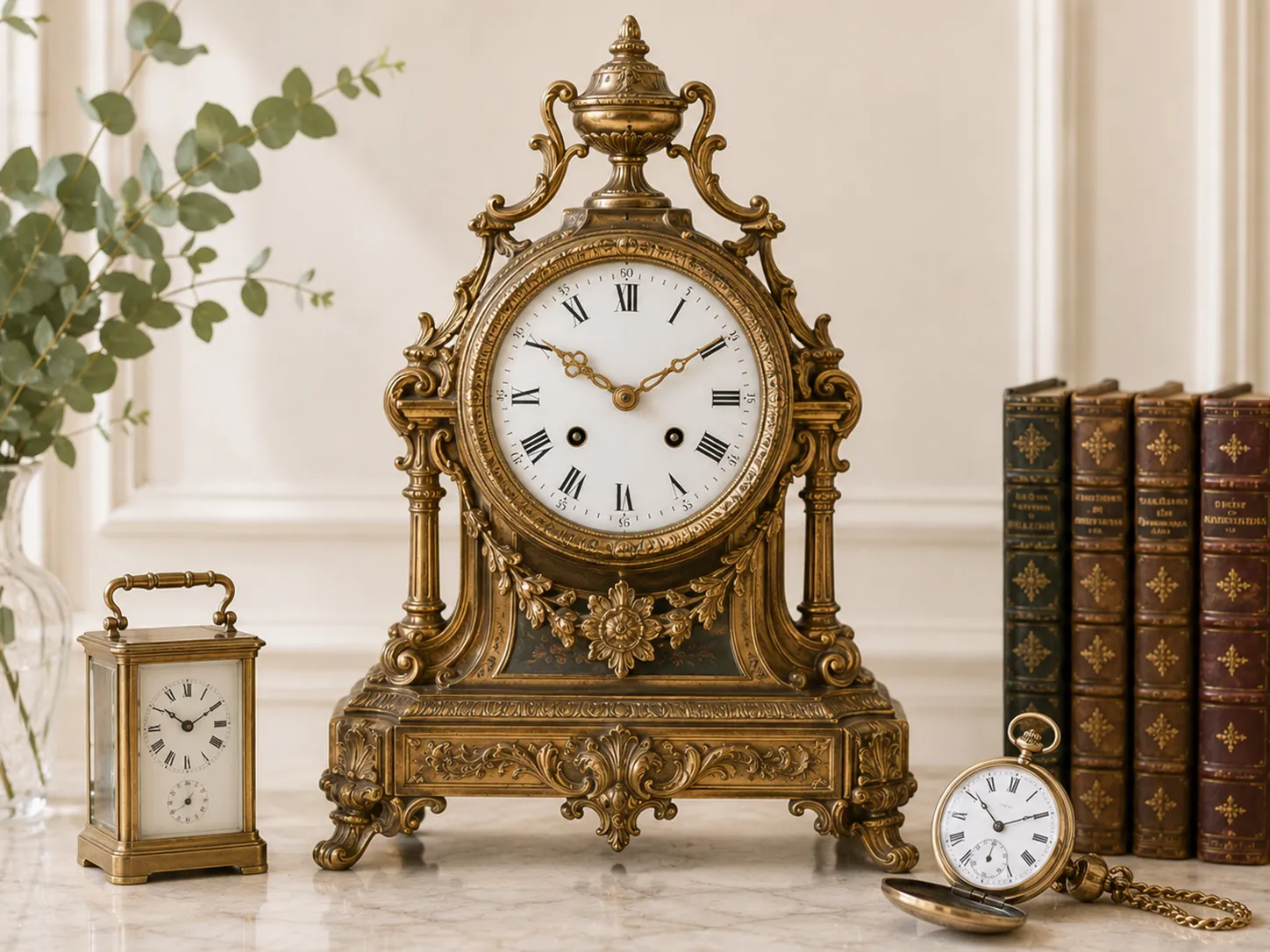 Pendule de cheminée dorée et montres de poche anciennes