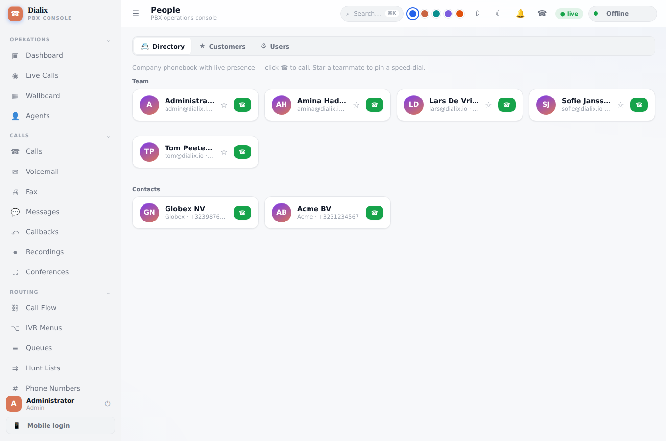 Dialix company directory showing teammates and contacts with click-to-call buttons