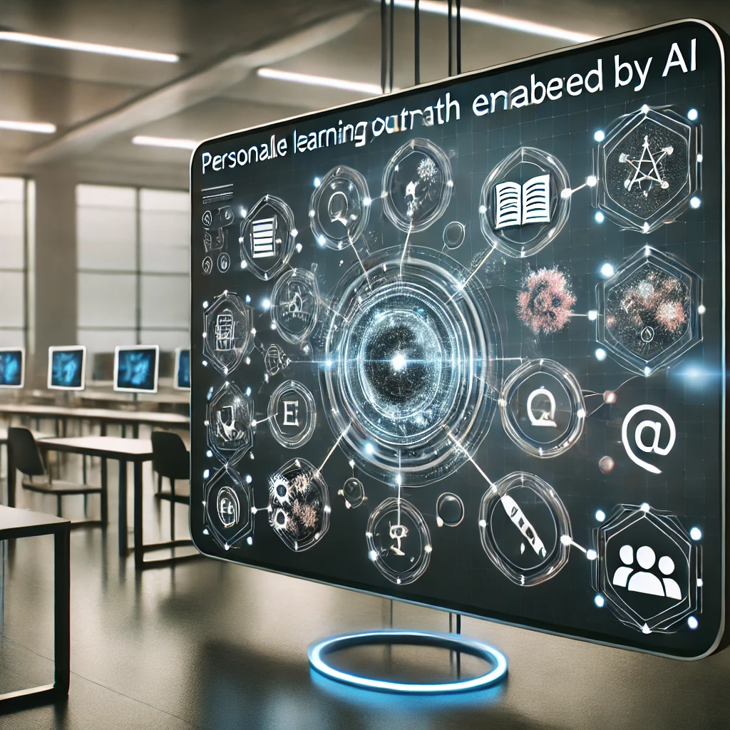 A futuristic display showing an interconnected network of personalized learning modules and educational elements