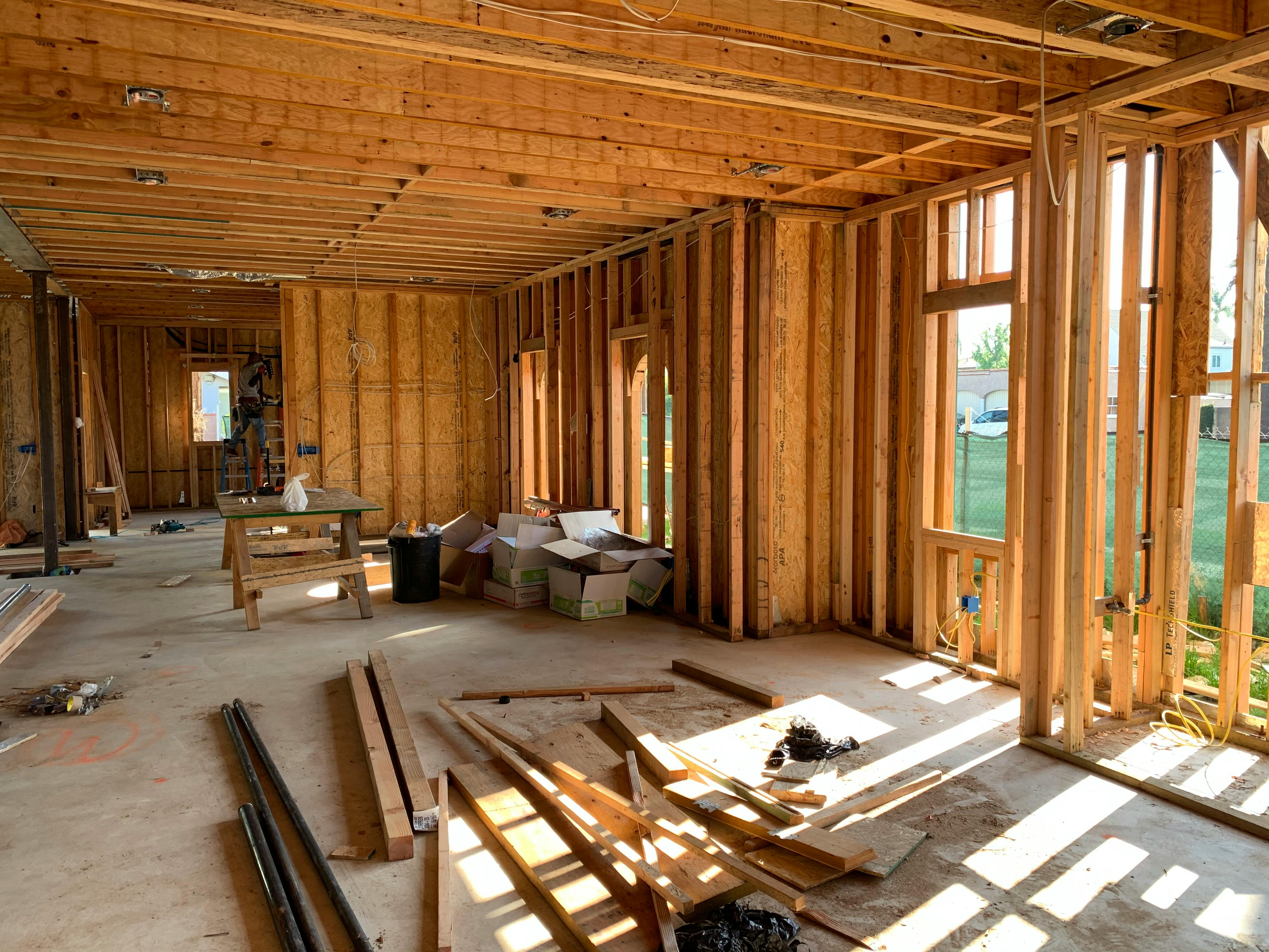 Wood-framed interior of a home under construction