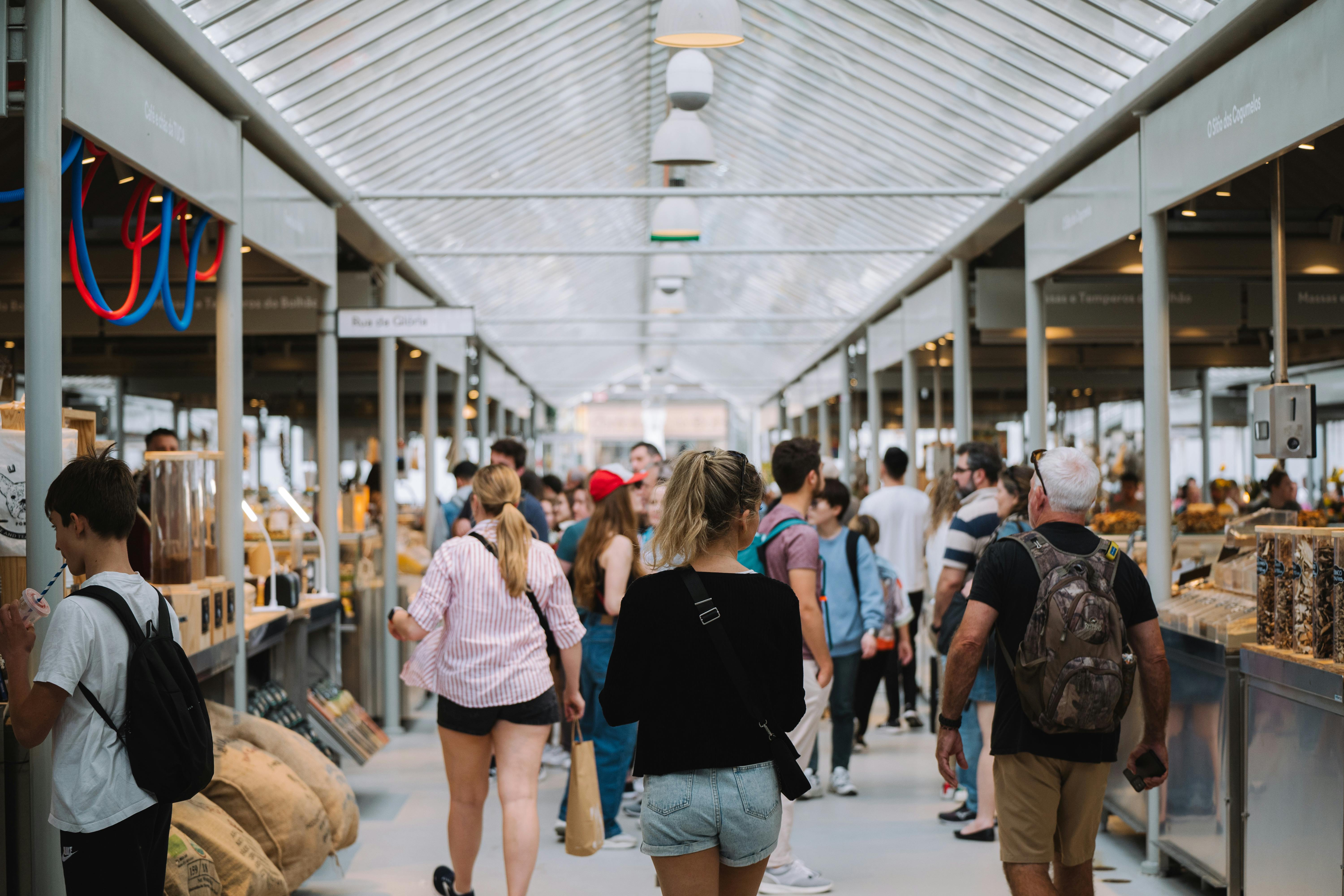 Shopping center corridor with diverse customer demographics and behavior patterns