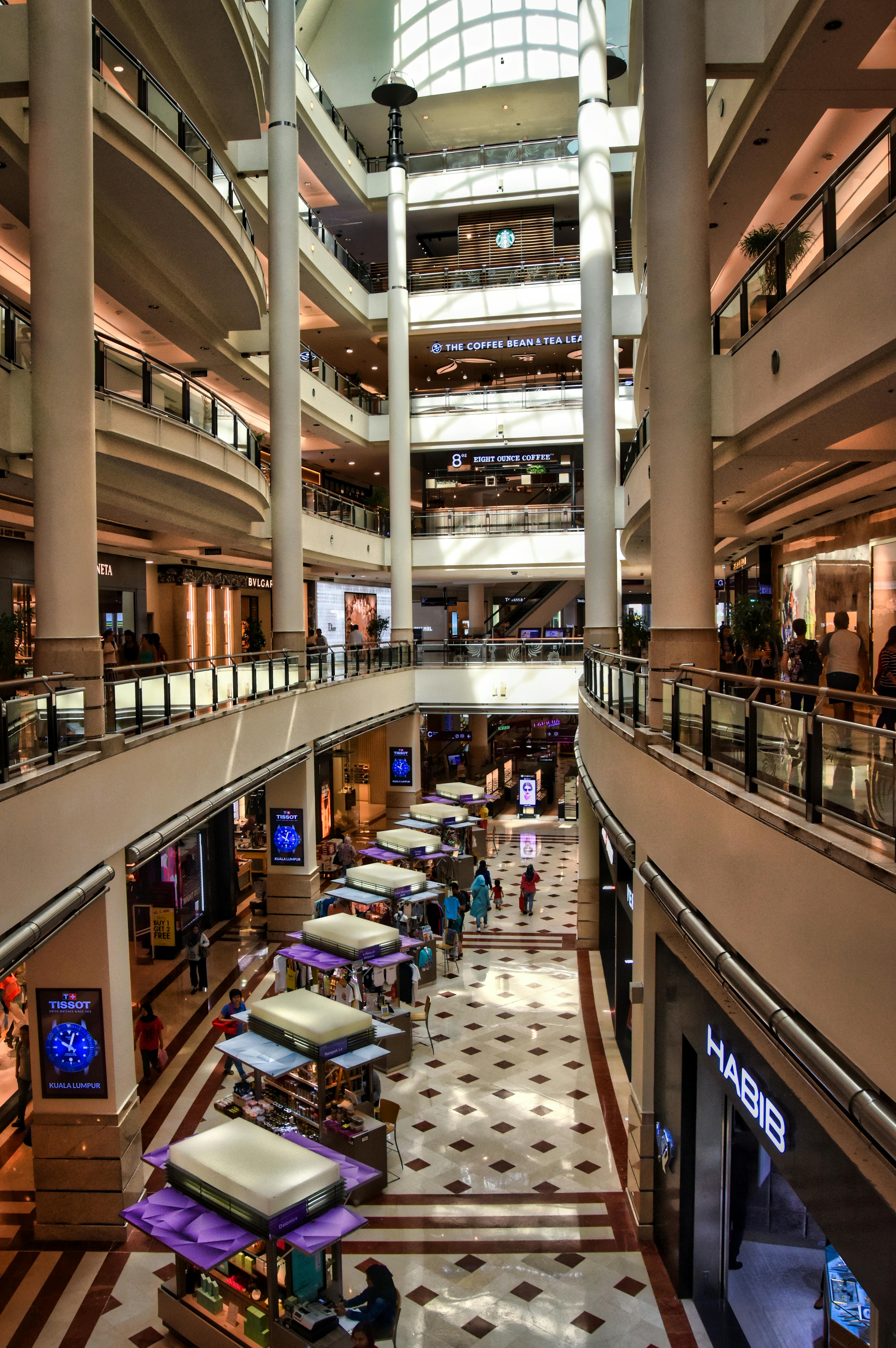 Multi-level shopping mall showing distributed foot traffic patterns