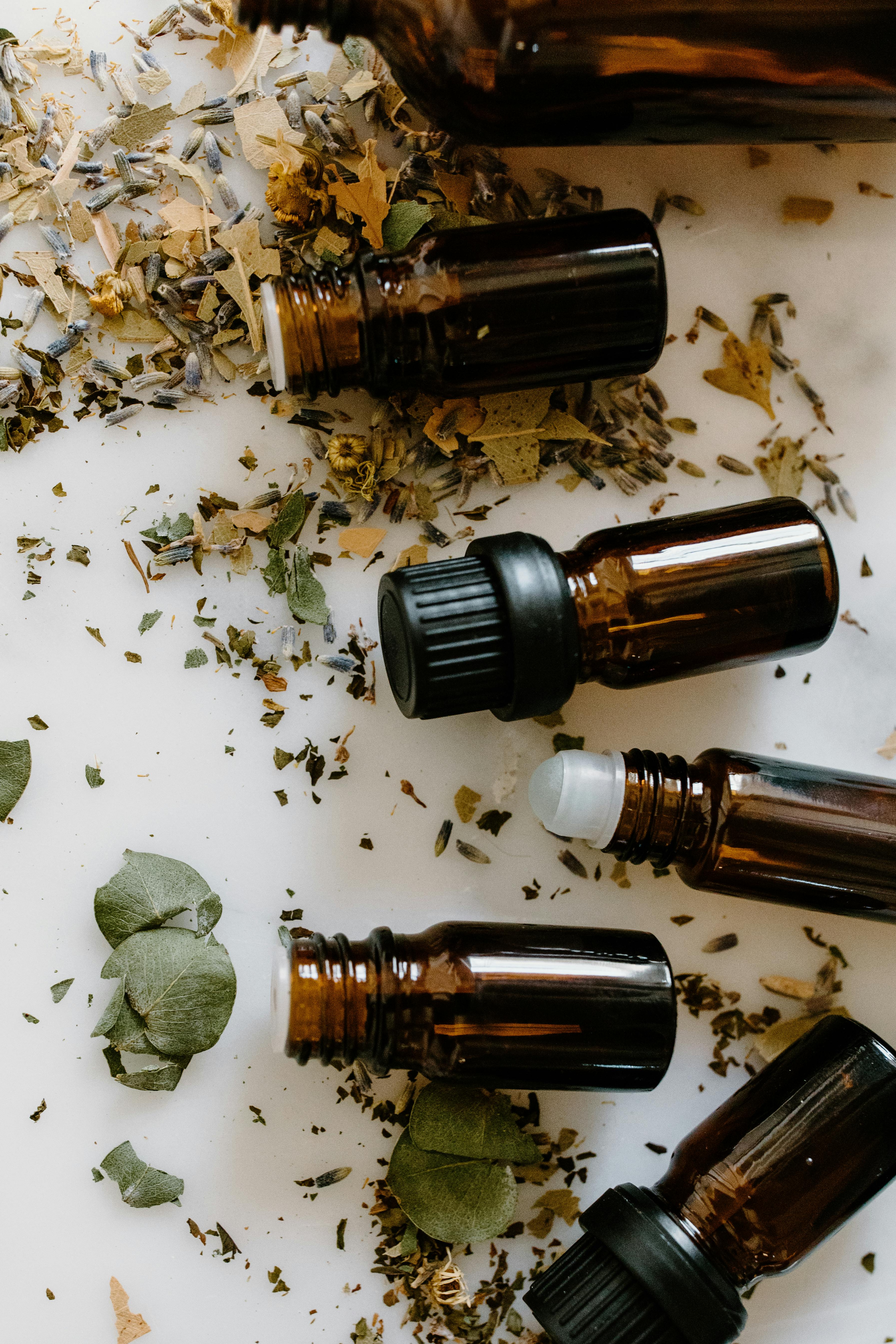 Essential oils and dried herbs for natural healing
