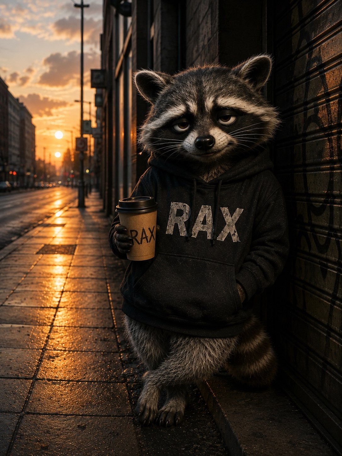 RAX holding a coffee on a wet street at sunrise