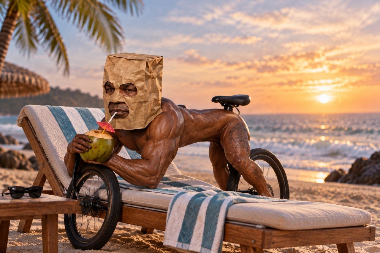 Paper-bag-masked Bike Tyson relaxing with a coconut on a beach lounger at sunset