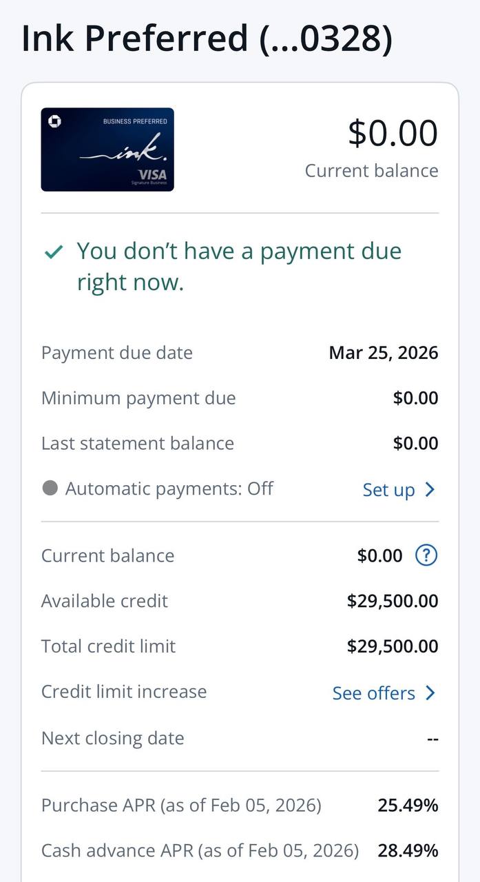 Ink Preferred $29,500 credit limit approval