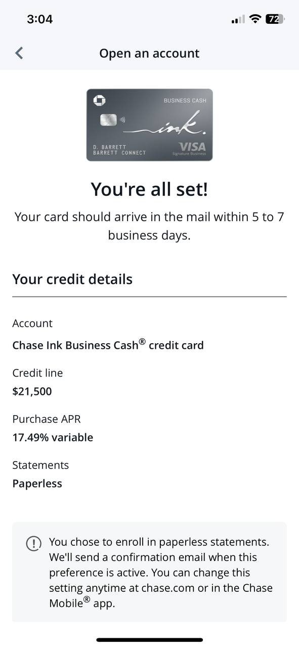 Chase Ink Business Cash $21,500 approval confirmation