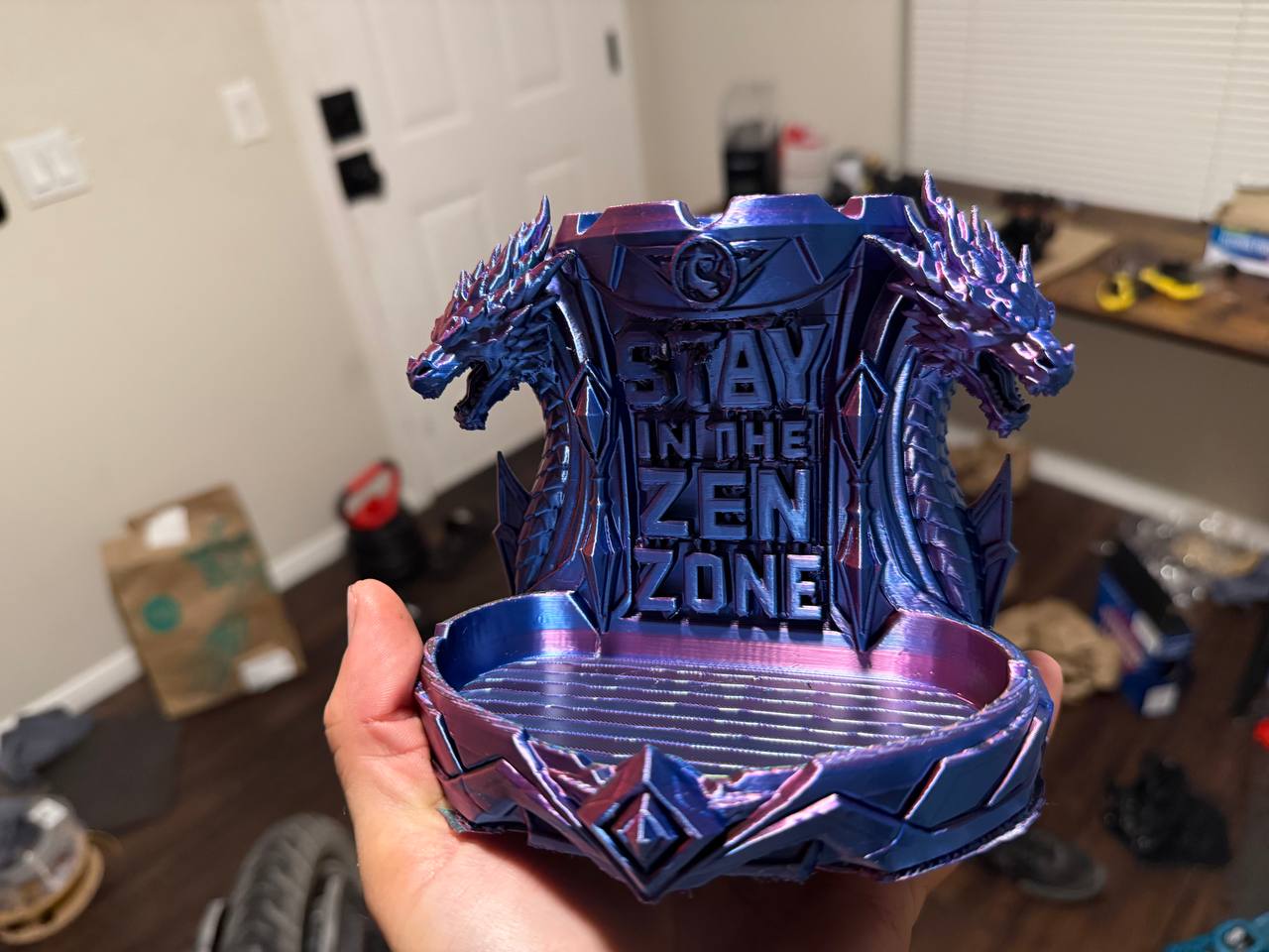 Iridescent purple dragon trophy with Stay In The Zen Zone text