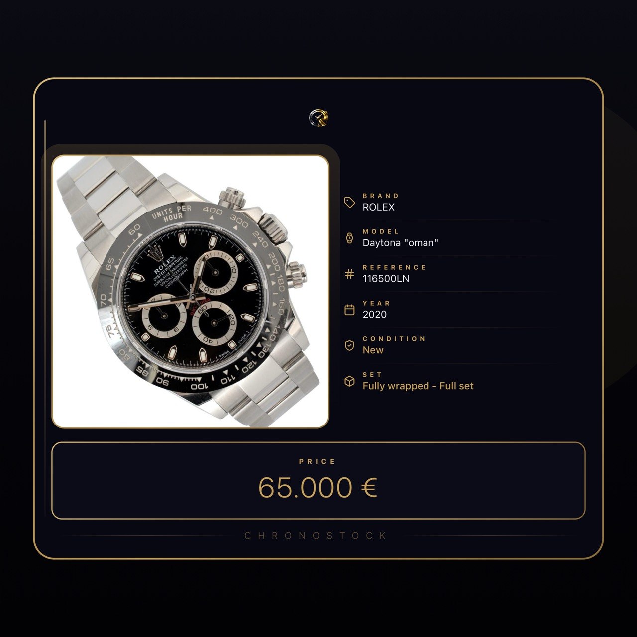 Official ChronoStock luxury share card for a Rolex Daytona