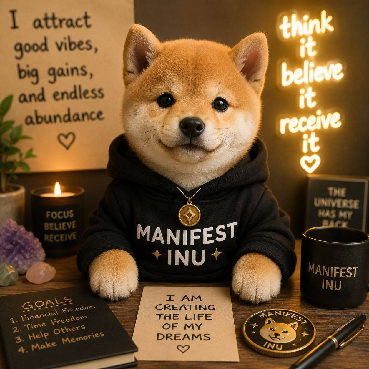 Manifest Inu mascot surrounded by manifestation notes