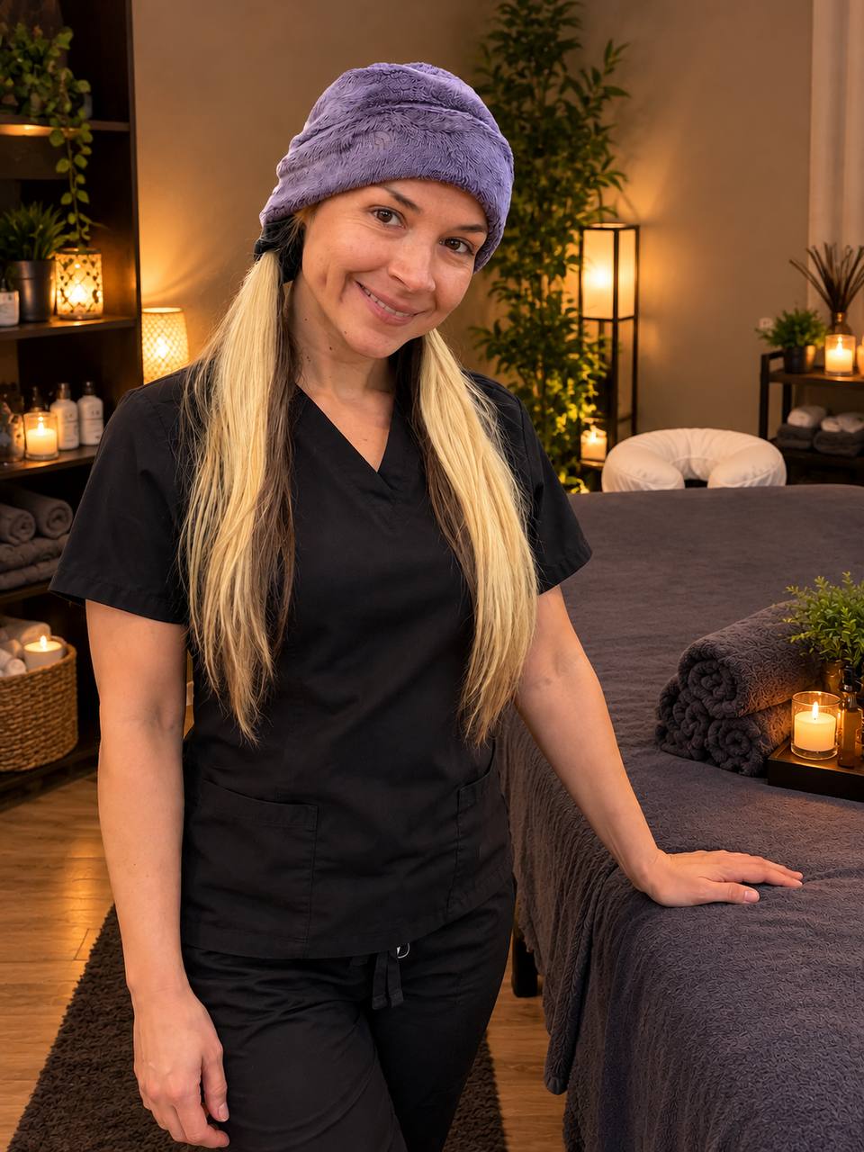 Rose, licensed massage therapist, standing in a warmly lit massage studio