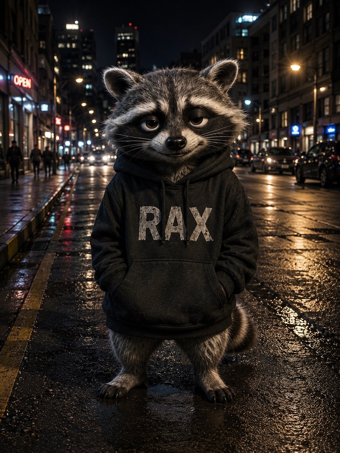 RAX the raccoon standing on a rain-soaked city street at night