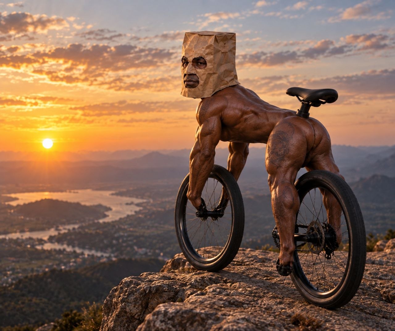 Bike Tyson looking back from a rocky overlook as the sun sets over the valley