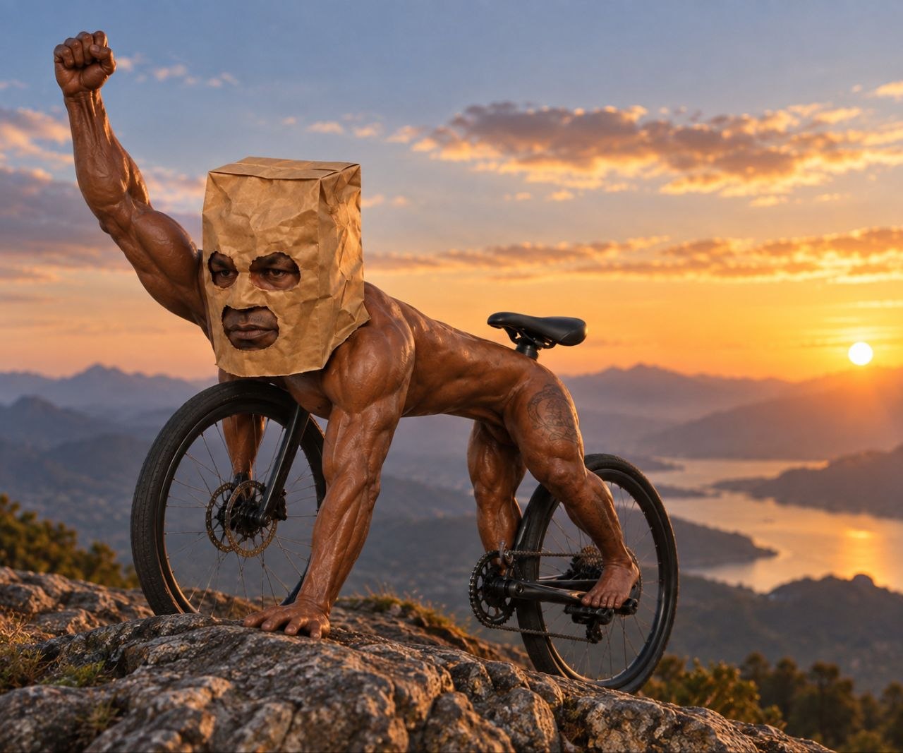 Paper-bag-masked Bike Tyson raising a fist on a rocky summit above a lake at sunset