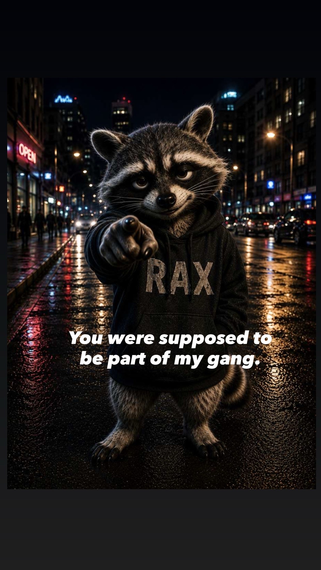 RAX pointing toward the viewer on a neon-lit street