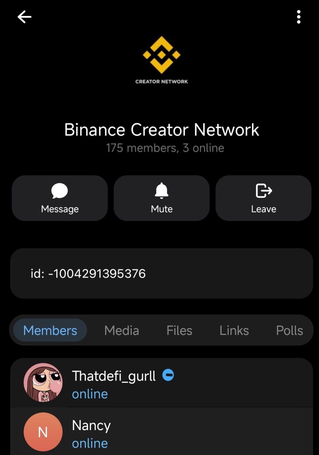 Binance Creator Network Telegram group showing Thatdefi_gurll as admin