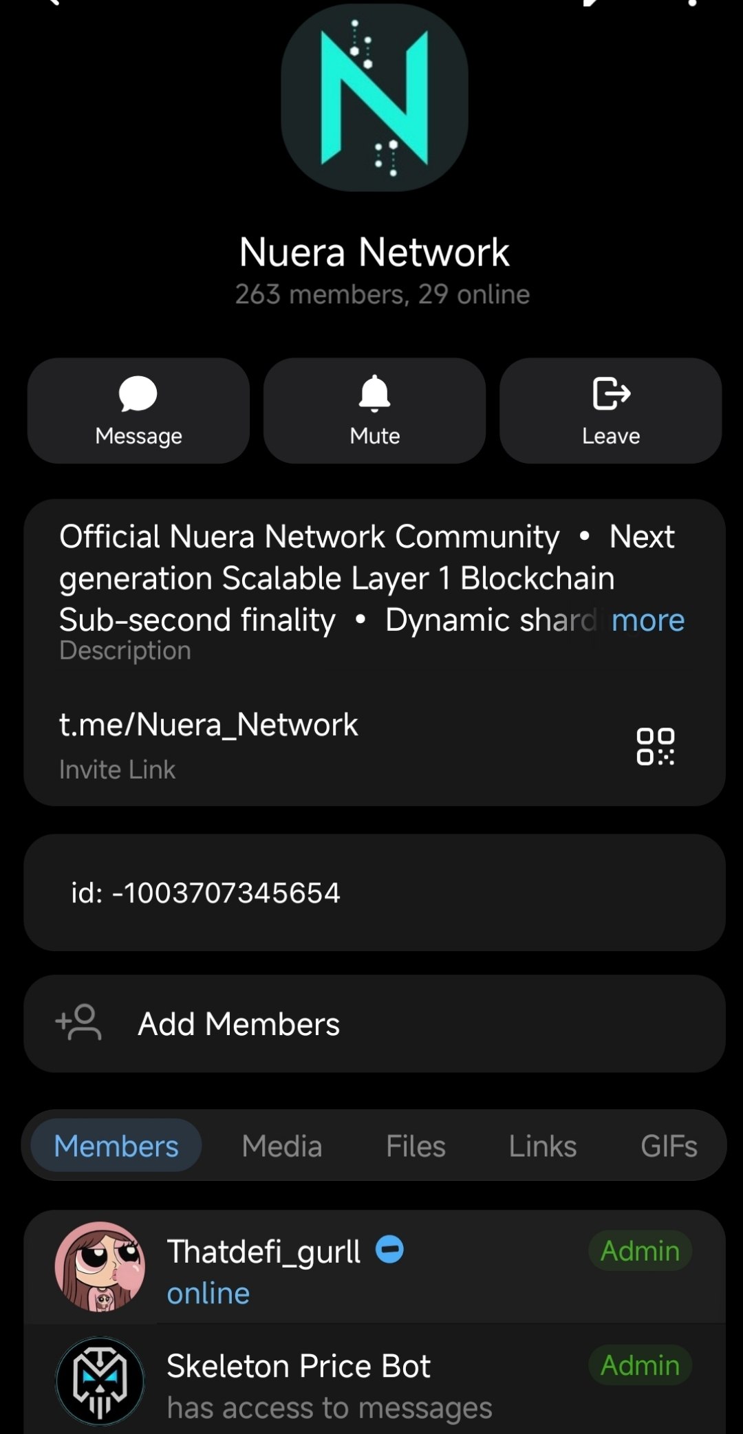 Nuera Network Telegram community showing Thatdefi_gurll as Admin