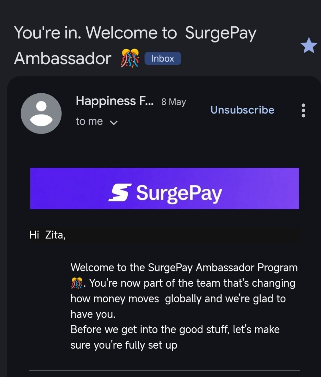 SurgePay welcome email for the Ambassador Program