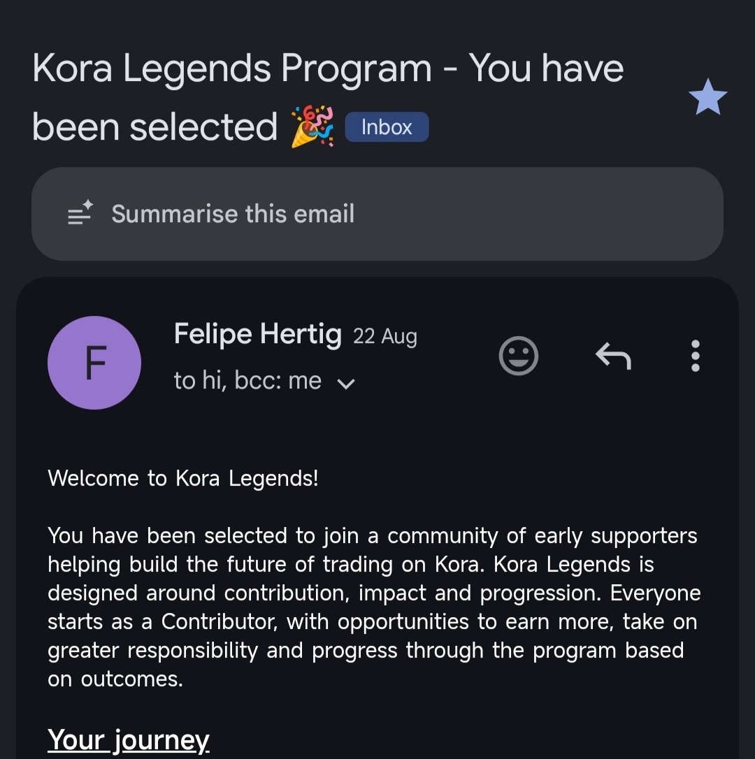 Kora Legends Program email confirming selection as a contributor