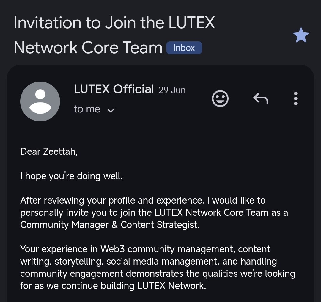 Email inviting Zeettah to join the LUTEX Network Core Team as Community Manager and Content Strategist
