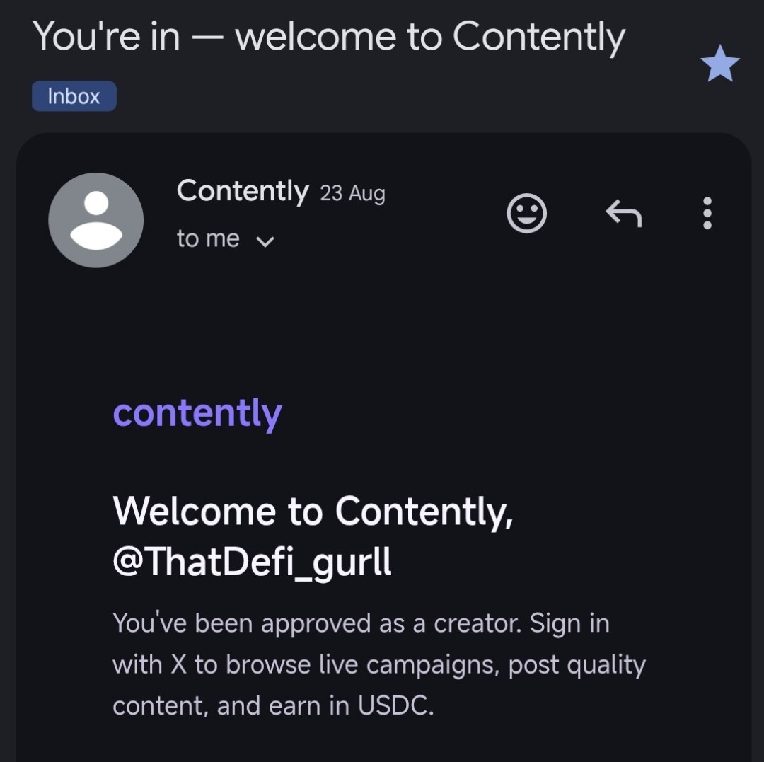 Contently welcome email approving @ThatDefi_gurll as a creator