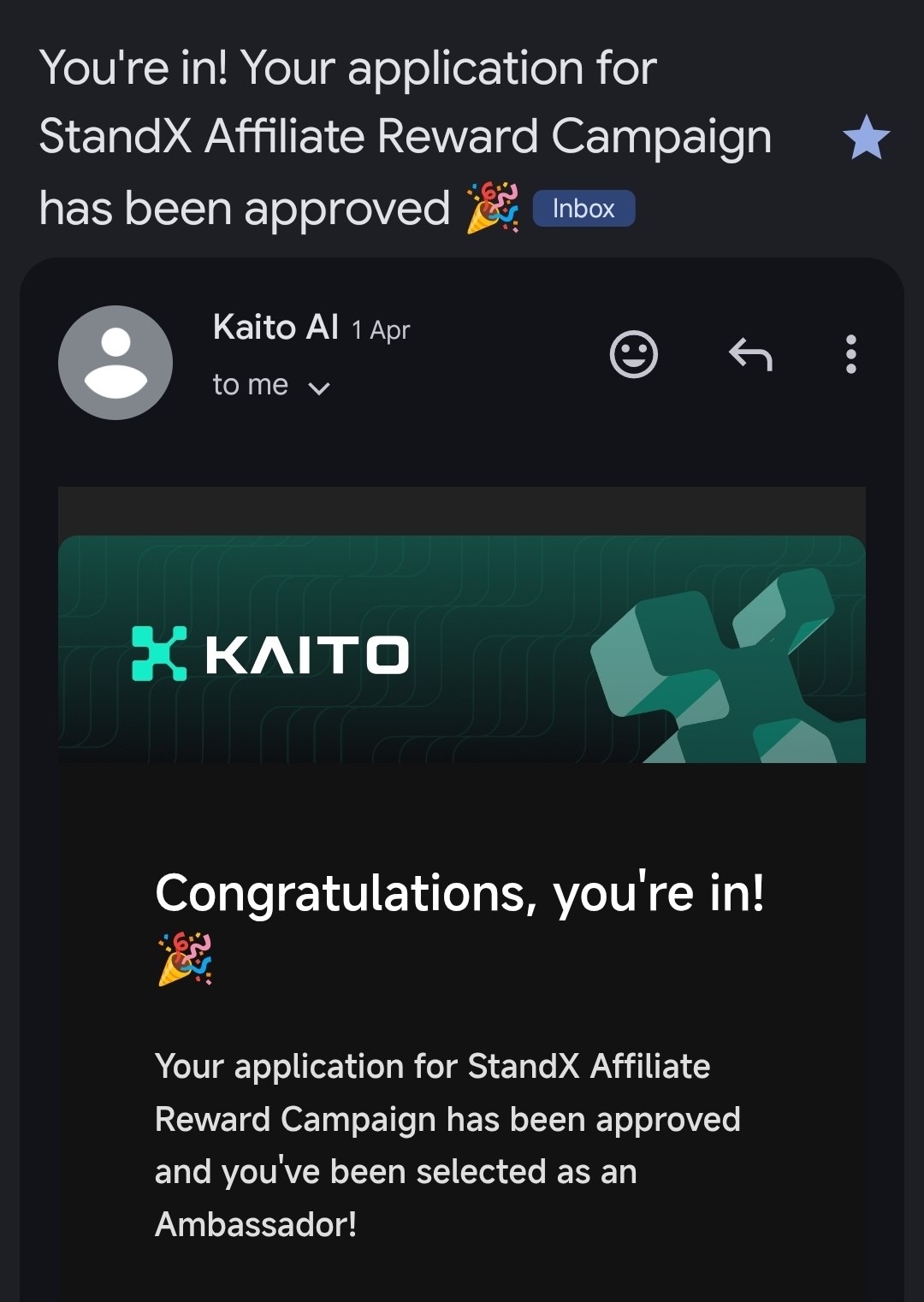 Kaito AI email confirming approval as a StandX Affiliate ambassador