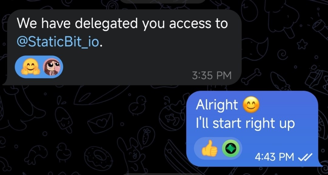 Telegram message delegating Zeettah access to the @StaticBit_io account