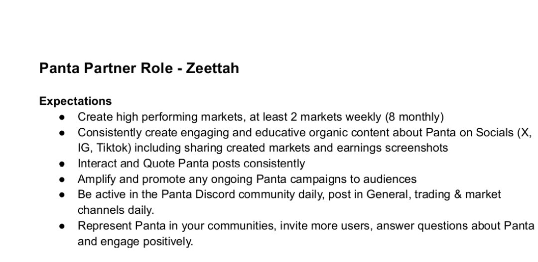 Panta Partner Role document for Zeettah listing market operator and content creator expectations