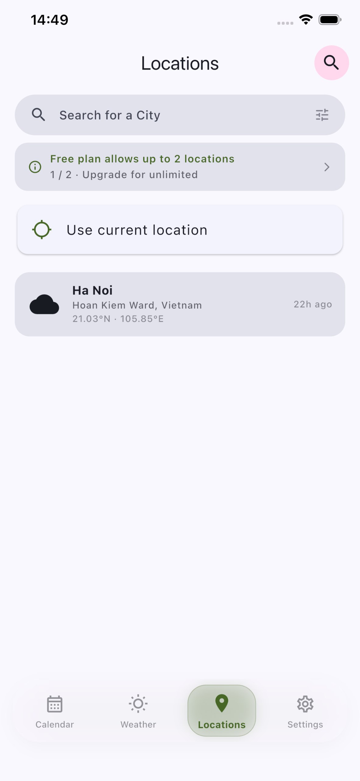 WeatherCal Locations Screen