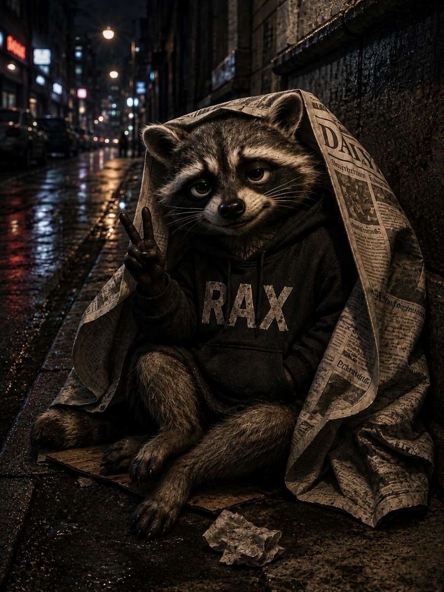 RAX sheltering from the rain beneath a newspaper