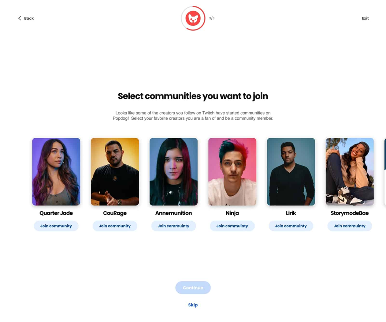Onboarding screen to select communities with creator cards including QuarterJade, CouRage, Ninja, and more