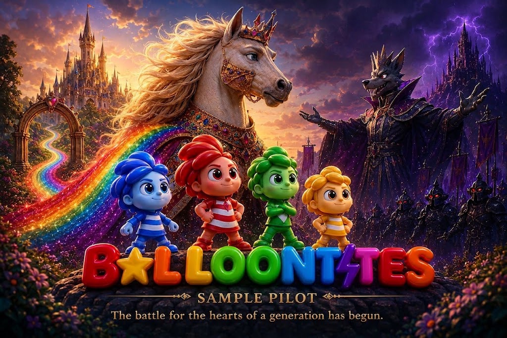 Balloonites heroes facing a crowned unicorn and dark wolf in the sample pilot