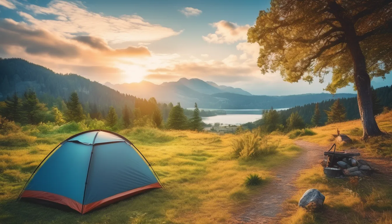 Scenic mountain landscape with a lake at sunset