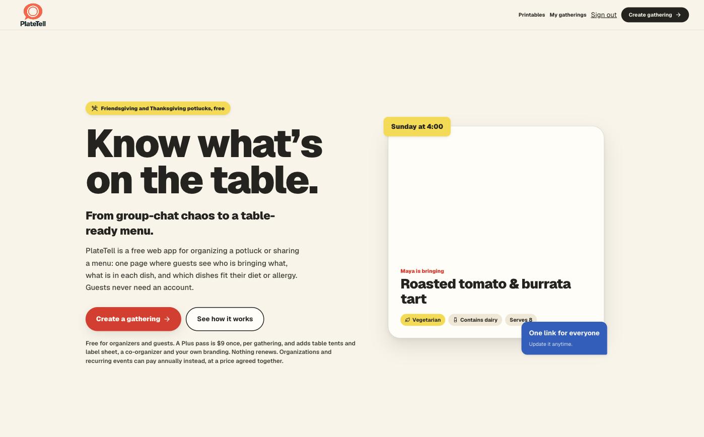 PlateTell potluck menu page