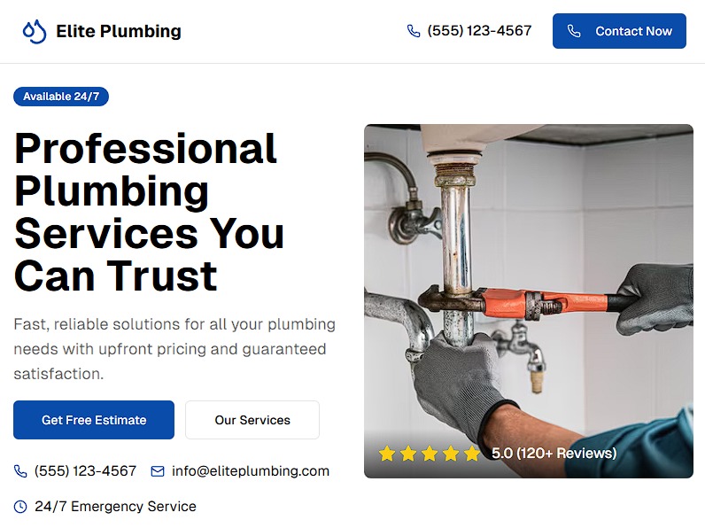 Elite Plumbing homepage showing a professional plumber at work